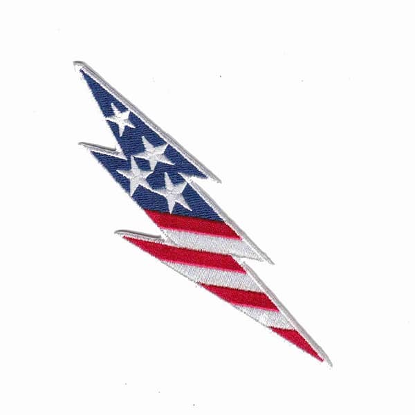 An American Flag Lightning Bolt (2-Pack) Iron On Patch USA embroidered on a white background.