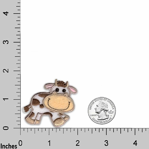 A cow is standing next to a Large Lizard Gymnastics Iron on Patch - 4.25" H and a dime.