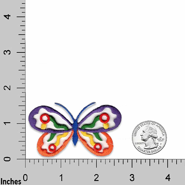 A colorful butterfly on a Large Lizard Gymnastics Iron on Patch - 4.25" H next to a dime.