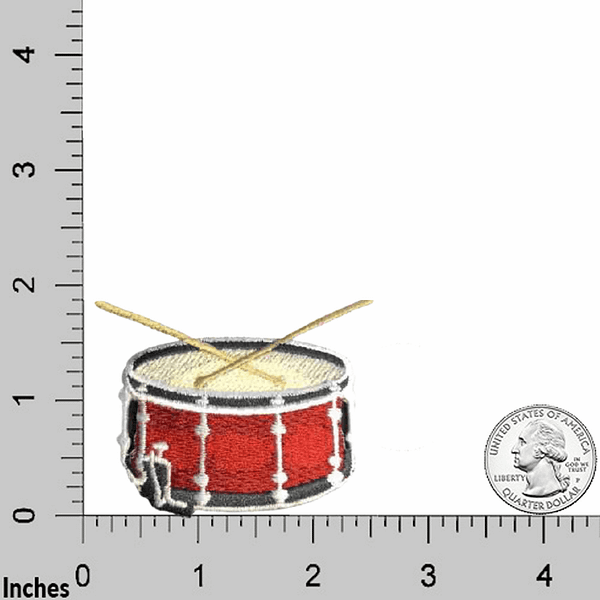 A red Drum Patches (3-Pack) Music Embroidered Iron On Patch Applique is shown next to a ruler.
