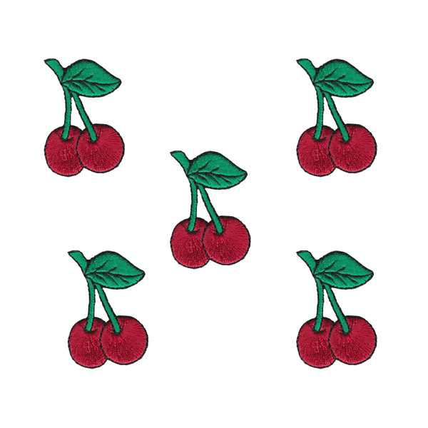 Five Double Cherries Patches (5-Pack) Fruit Embroidered Iron on Patch Appliques with leaves on a white background.