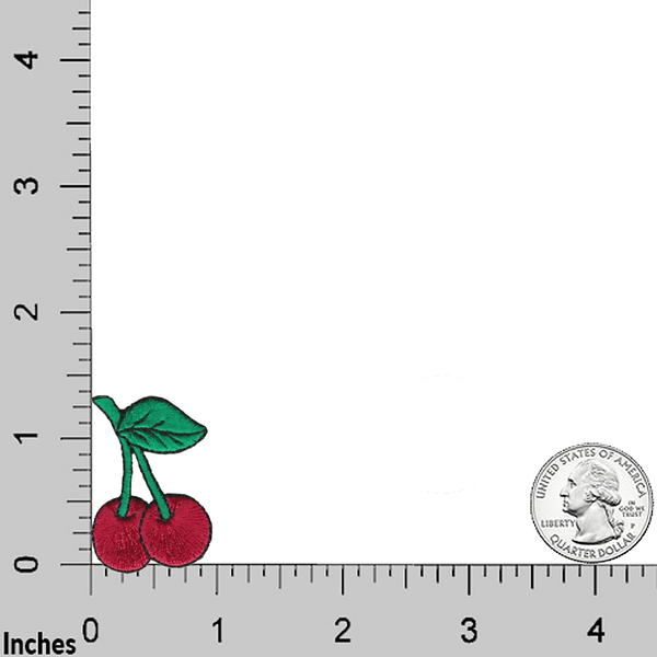 A ruler with a Double Cherries Patches (5-Pack) Fruit Embroidered Iron on Patch Appliques and a coin next to it.