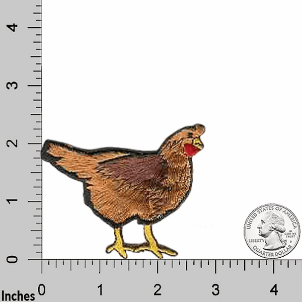A Large Chicken Patches (2-Pack) Farm Animal Embroidered Iron On Patch Appliques is standing next to a ruler.