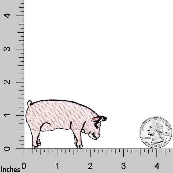 An image of Pig Patches (3-Pack) Farm Animal Embroidered Iron On Patch Appliques standing next to a ruler.