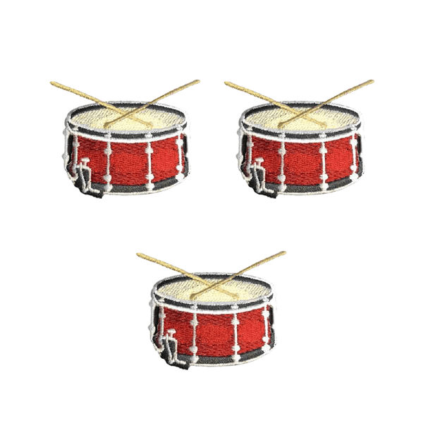 Four Drum Patches (3-Pack) Music Embroidered Iron On Patch Applique with sticks on a white background.