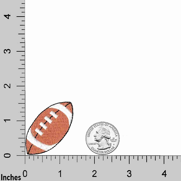A ruler with Football Patches (5-Pack) Sport Embroidered Iron On Patch Appliques and a coin next to it.