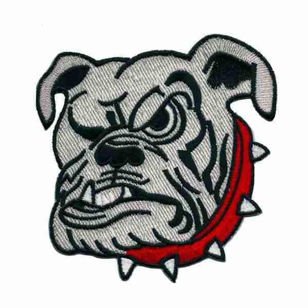 An English Bulldog Face Iron on Patch - Large 4-1/2" embroidered on a white background.
