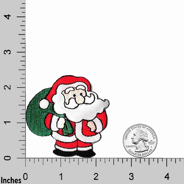 A Santa Patches (2-Pack) Christmas Embroidered Iron On Patch Appliques holding a sack of gifts.