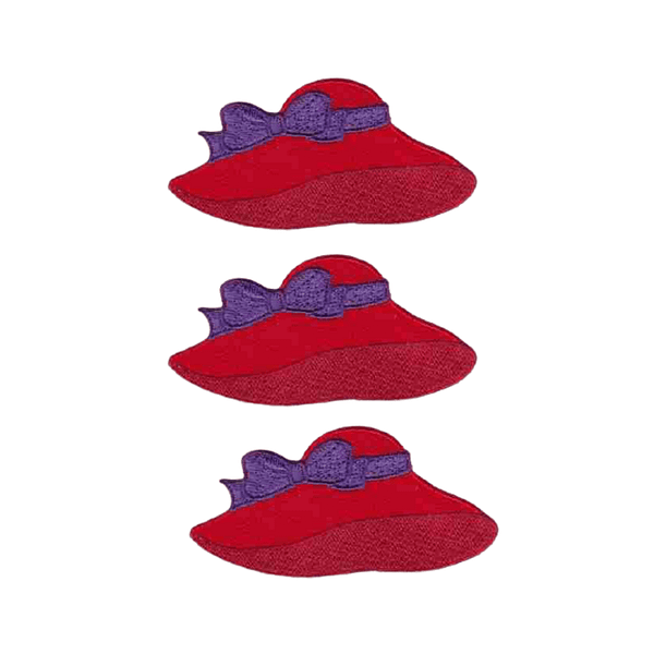 Three Red Hat Patches (3-Pack) Red Hat Lady Embroidered Iron On Patch Applique with purple bows on them.