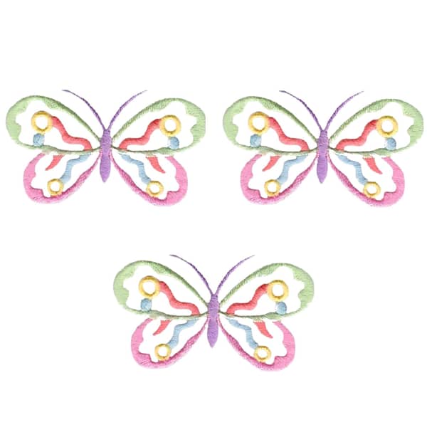 A set of Pastel Butterfly Patches Cut Out (3-Pack) Embroidered Iron On Patches on a white background.