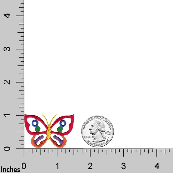 An image of a Cut Out Butterfly Patches (5-Pack) Butterfly Embroidered Iron On Patch Appliques with a ruler next to it.