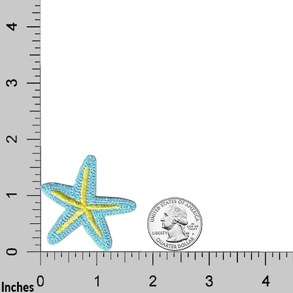 A Sea Shell & Star Fish Iron On Patch Set embroidered on a ruler next to a dime.
