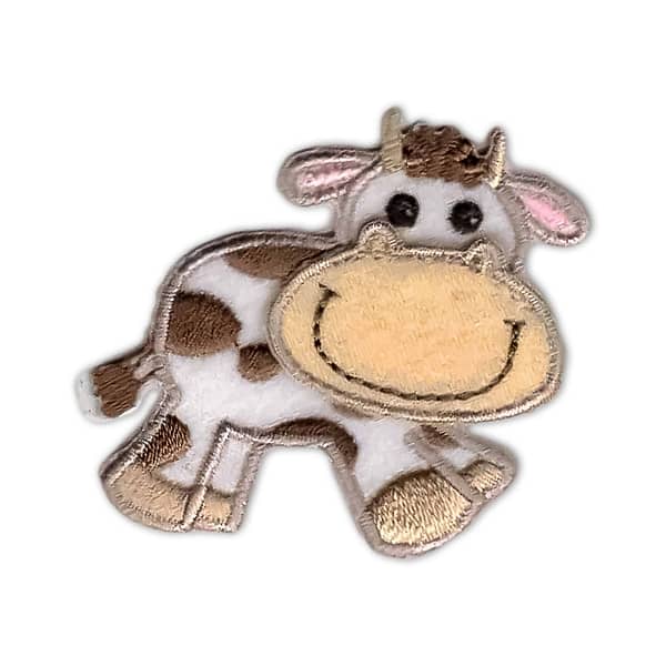 A cute Cow Patches (3-Pack) Farm Animal Embroidered Iron On Patch Appliques on a white background.
