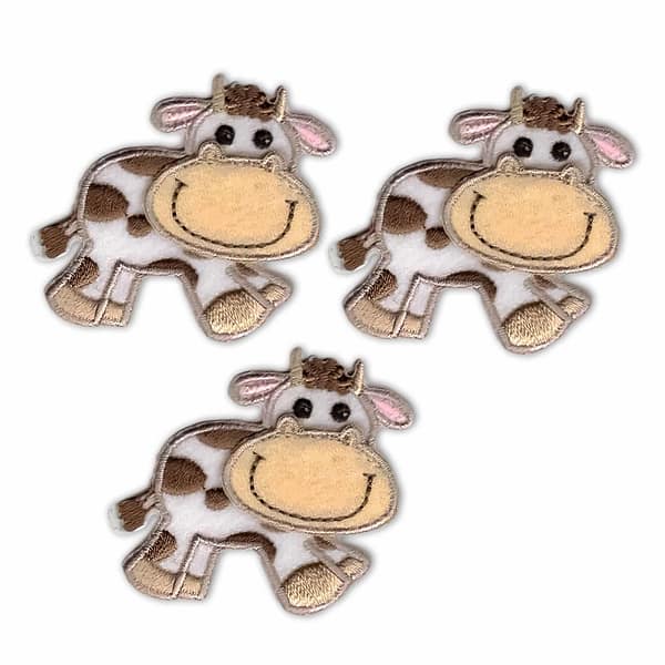 A set of four Cow Patches (3-Pack) Farm Animal Embroidered Iron On Patch Appliques on a white background.