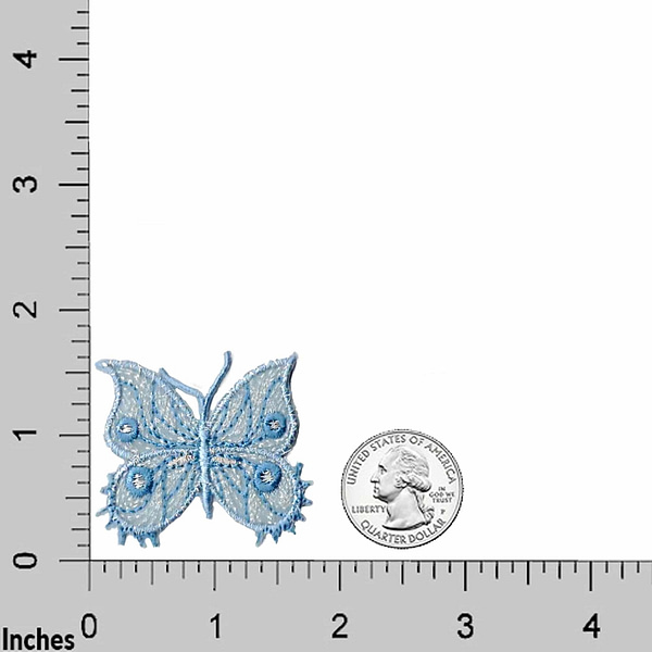 A blue butterfly embroidered on a Red 57 Chevy (2-Pack) Iron On Patch next to a dime.