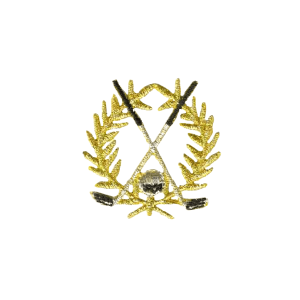 A gold laurel wreath with Metallic Golf Crest Patches (4-Pack) Sport Embroidered Iron on Patch Applique - Small in the middle.