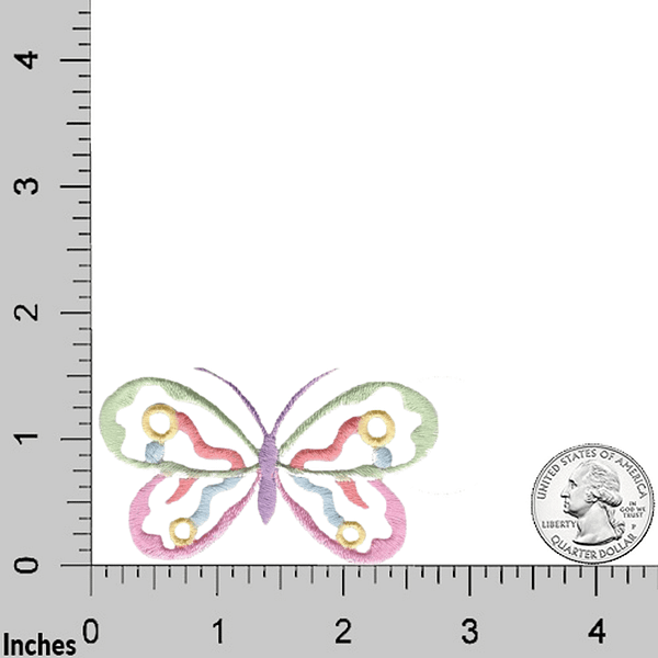 An image of a Pastel Butterfly Patches Cut Out (3-Pack) Embroidered Iron On Patch with a ruler next to it.