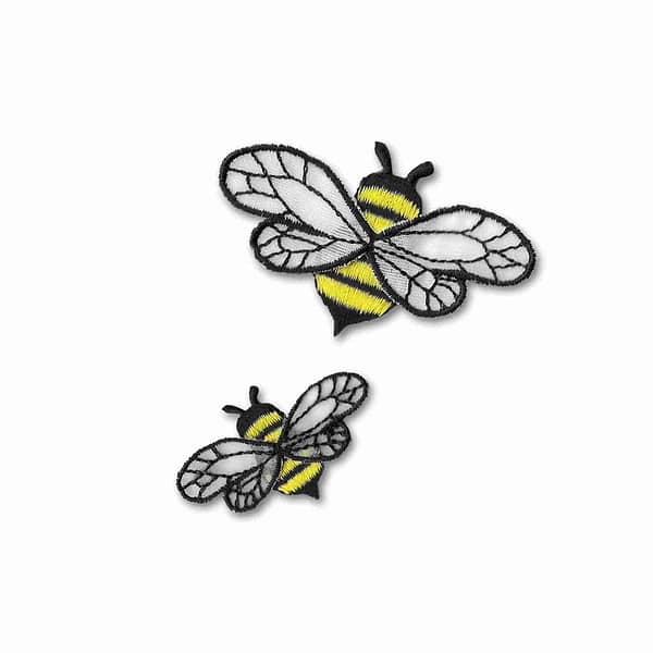 Two Bee Patches with Chiffon Wings (5 Pack) Insect Embroidered Iron on Patch Appliques on a white background.