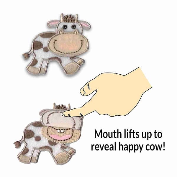 Mouth lifts up to reveal Cow Patches (3-Pack) Farm Animal Embroidered Iron On Patch Appliques.