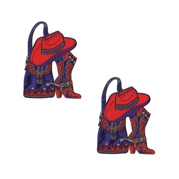 A pair of Red Boots Patches (2 Pack) Western Embroidered Iron On Patch Applique and hats on a white background.