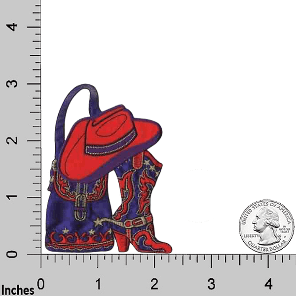 An image of a cowboy hat and Red Boots Patches (2 Pack) Western Embroidered Iron On Patch Applique with a ruler.