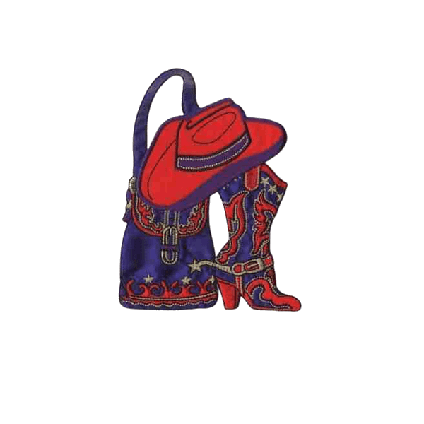 An image of a cowboy hat and Red Boots Patches (2 Pack) Western Embroidered Iron On Patch Applique with a purse.
