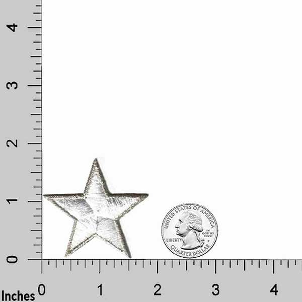 A White Star with Metallic Outline (5-Pack) Star Embroidered Iron On Patch 1.75 Inch is shown next to a ruler.