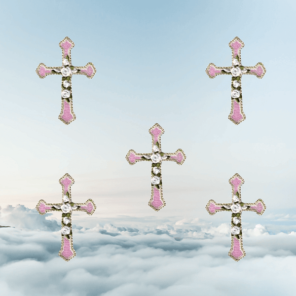 (5-Pack) Iridescent Cross w/Roses Iron On Religious Patch Applique