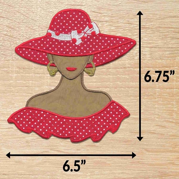 An image of a Tan Red Hat Polka Dot Lady Iron On Patch - Large wearing a red hat and polka dot dress.