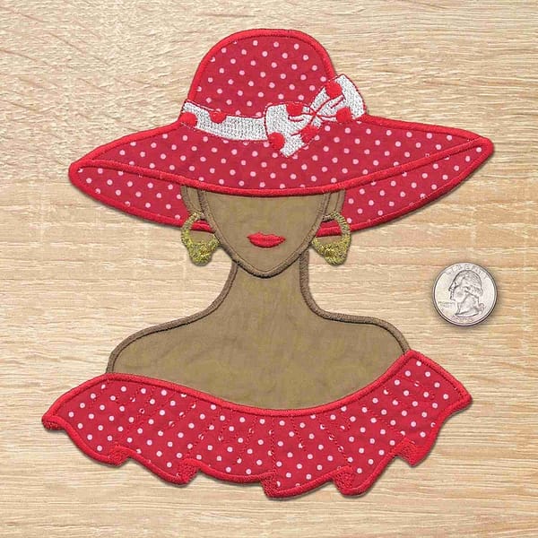 A Tan Red Hat Polka Dot Lady Iron On Patch - Large wearing a polka dot dress.