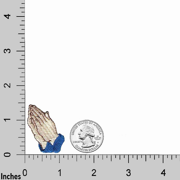 A Praying Hands Iron On Religious Patch (5 Pack) with a coin next to it.
