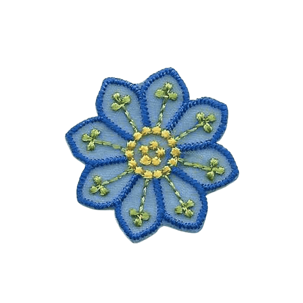 A Large Blue Chiffon Daisy Patches (5-Pack) Floral Embroidered Iron On Patch Appliques with green and yellow details.