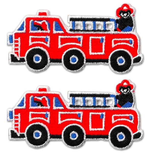 A pair of Red Fire Engine Truck (2-Pack) Iron On Patches on a white background.