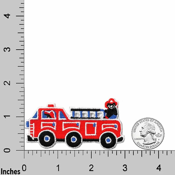 A picture of a Red Fire Engine Truck (2-Pack) Iron On Patch with a coin on it.
