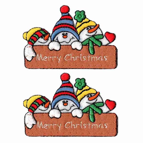Two Snowmen Patches (2 Pack) Christmas Embroidered Iron On Patch Applique with hats and mittens on a wooden board.
