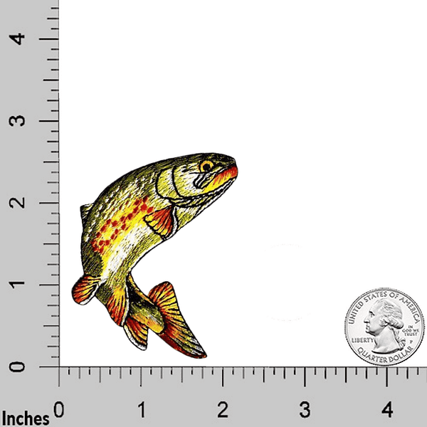 A picture of Golden Trout Patches (3-Pack) Fish Embroidered Iron On Patch Appliques with a ruler next to it.