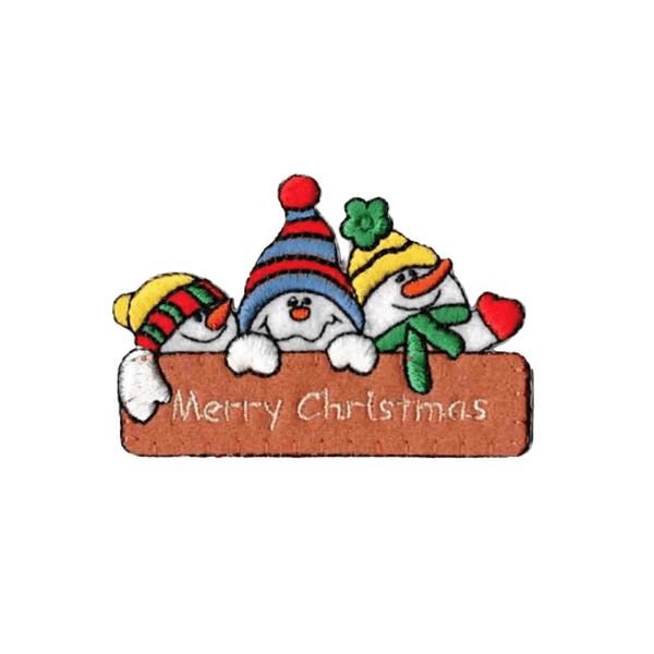 Three Snowmen Patches (2 Pack) Christmas Embroidered Iron On Patch Applique sitting on a wooden board with a merry christmas sign.
