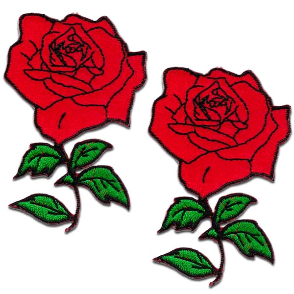 Two Red Rose on Vine Floral (2-Pack) Iron On Patch patches on a white background.