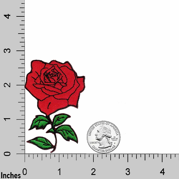 A Red Rose on Vine Floral (2-Pack) Iron On Patch is shown next to a ruler.