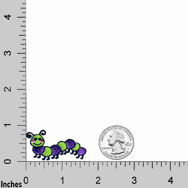 A green and purple Caterpillar Patches (5-Pack) Insect Embroidered Iron on Patch Appliques is standing next to a ruler.