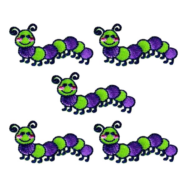 Four green and purple Caterpillar Patches (5-Pack) Insect Embroidered Iron on Patch Appliques on a white background.