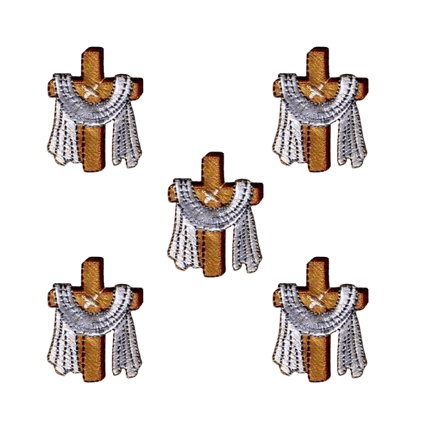 Four Cross with Robe Patches (5-Pack) Religious Embroidered Iron On Patch Applique with crosses on them.