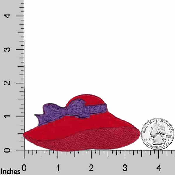 A Red Hat with Flowers Patches (5-Pack) Red Hat Lady Embroidered Iron On Patch with a purple bow on a ruler.