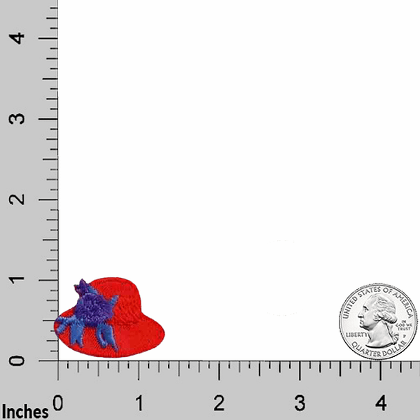 A Red Hat with Flowers Patches (5-Pack) Red Hat Lady Embroidered Iron On Patch with a blue bow on top of a ruler.