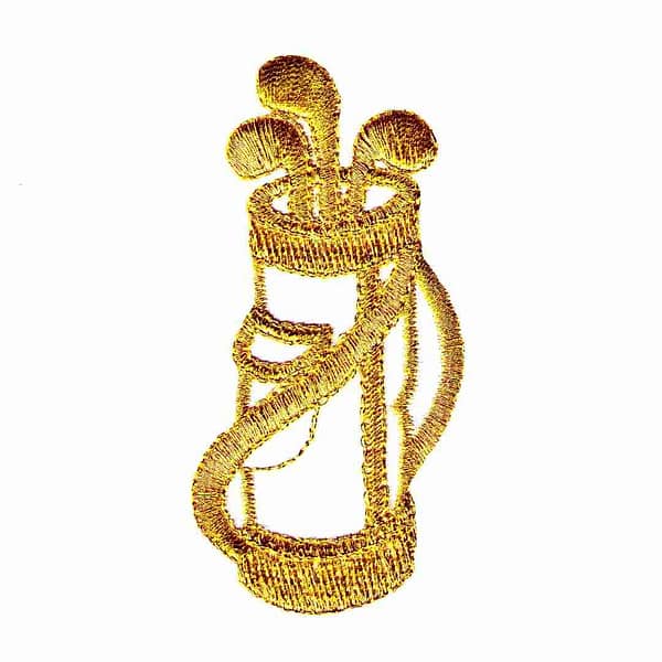 A Metallic Golf Bag and Clubs (2-Pack) Iron On Patch: White/Gold on a white background.