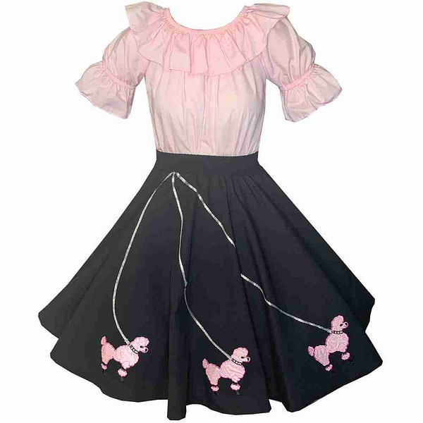 A black and pink 50's Poodle Embroidered Iron On Patch skirt with pink poodles.