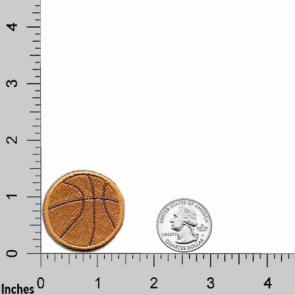 Basketball Patches (5-Pack) Sport Embroidered Iron On Patch Applique is shown next to a ruler.