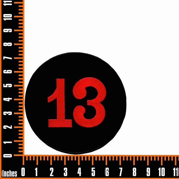 A ruler with the Number 13 Back Patch On Embroidered Iron or Patch- 7 1/2 inch Round on it.
