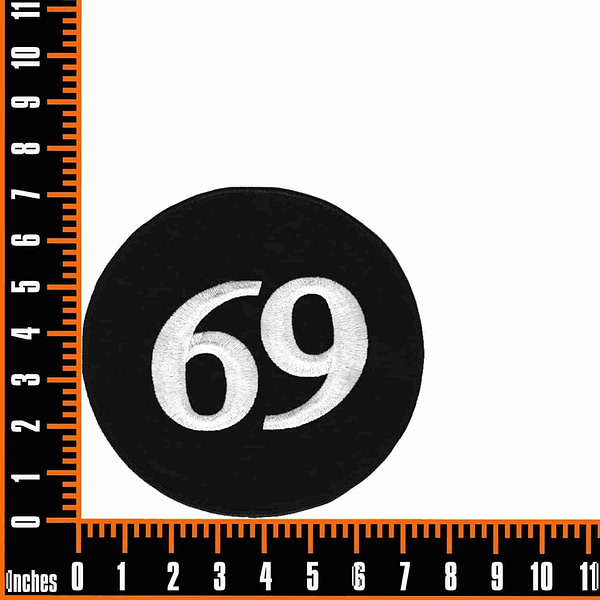 The 69 Back Patch Embroidered Iron On Patch - Large is shown next to a ruler.