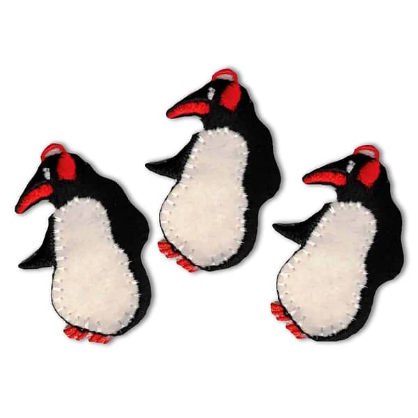 Three Penguin with Beanie Patches (3-Pack) Christmas Embroidered Iron on Patch Appliques on a white background.